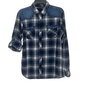 Rerun Men's Blue Plaid Flannel Button Up with Denim Yoke Accents
